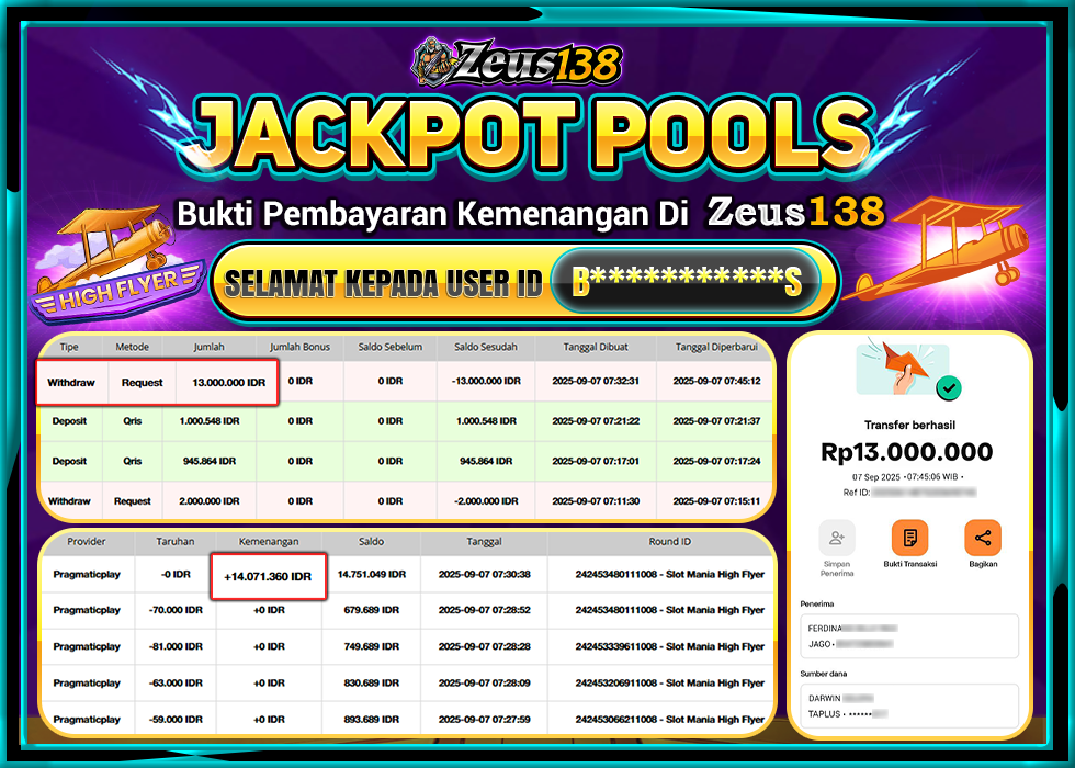 ZEUS138 SLOT MANIA HIGH FLYER RP.13.000.000 LUNAS